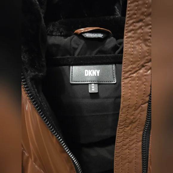 DKNY Quilted Puffer Snow Jacket in Brown Gloss with Faux Fur Hood - Picture 10 of 11